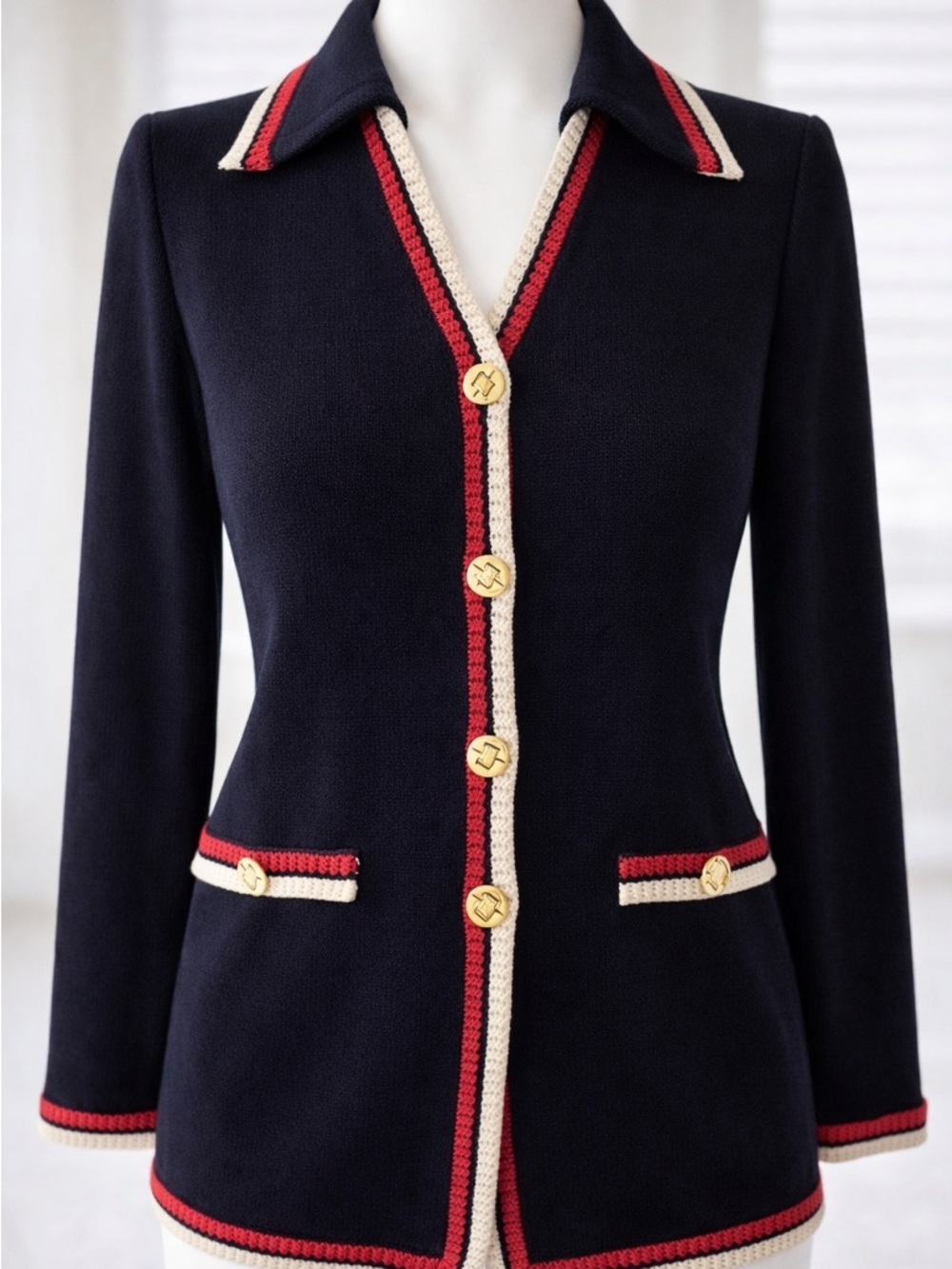 St. John Navy Knit Jacket with Red & Cream Trim